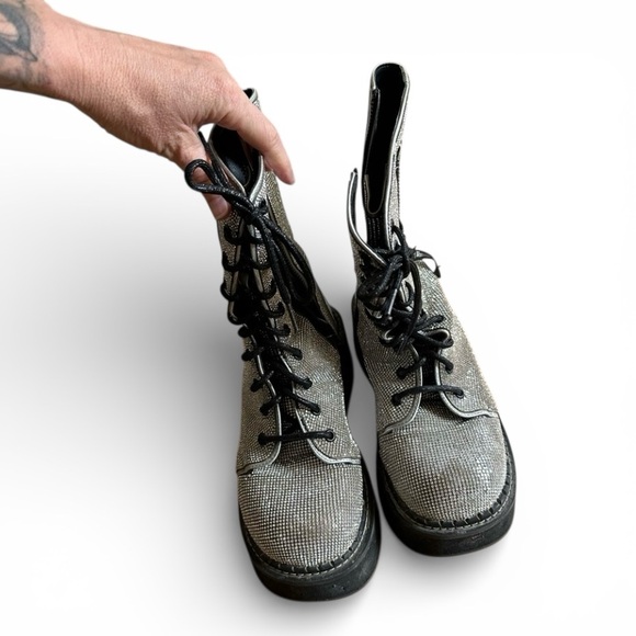 Demonia Glittery Silver Combat Boots - Picture 3 of 4